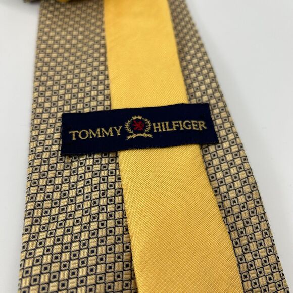 Tommy Hilfiger Yellow Navy Birdseye Dot Print 100% Silk Long Tie - Picture 6 of 10